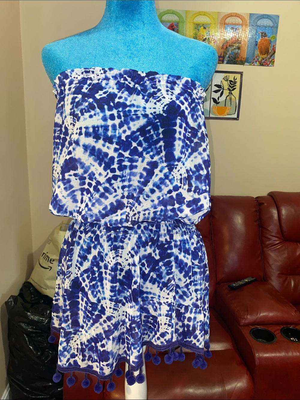 Ramy Brook Blue White Tie-Dye Strapless Romper with Pom Trim